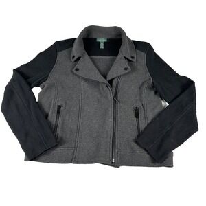 LRL Lauren Jeans Co Moto Sweater Jacket Women Large Black Gray 90s Retro Preppy